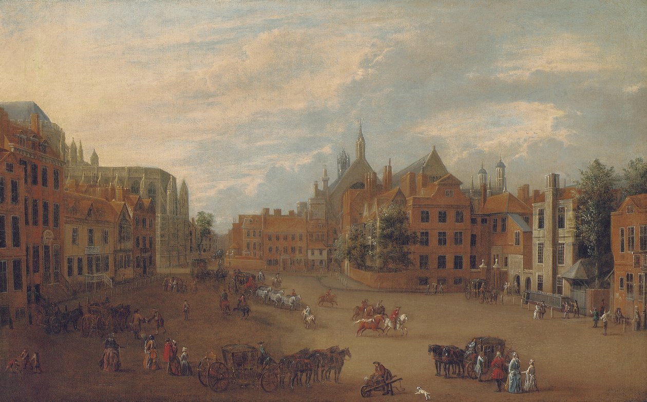 Zicht op Old Palace Yard, Westminster, met het Oostelijke Eind van Westminster Abbey en de Kapel van Koning Hendrik VII aan de Linkerkant, c.1700 door English School
