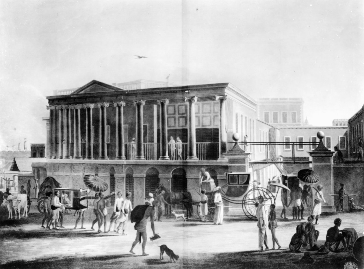 Uitzicht op een huis, fabriek en bazaar in Calcutta, gegraveerd door Francis Jukes, 1795 door English School