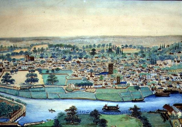Gezicht op een Stad en Rivier, ca.1830 door English School