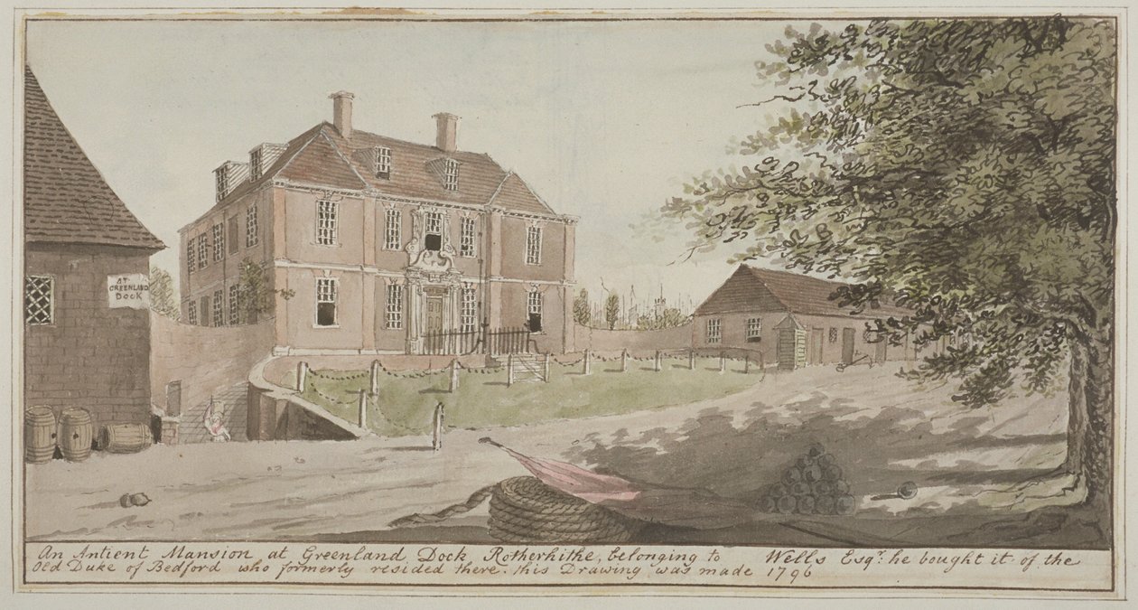 Uitzicht op een oud herenhuis bij Greenland Dock in Rotherhithe, Bermondsey, 1796 door English School