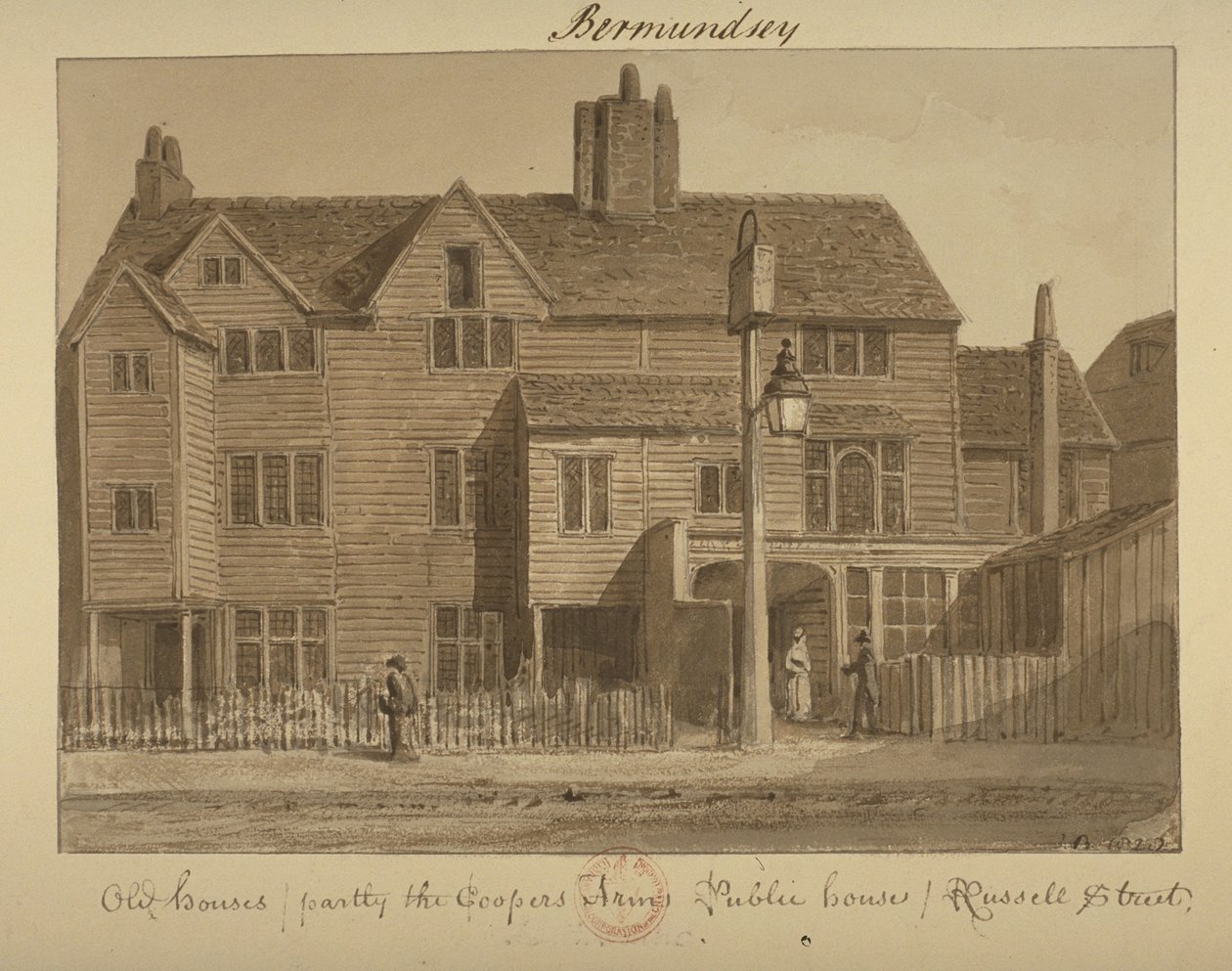 Uitzicht op de Coopers Arms Inn, Russell Street, 1828 door English School