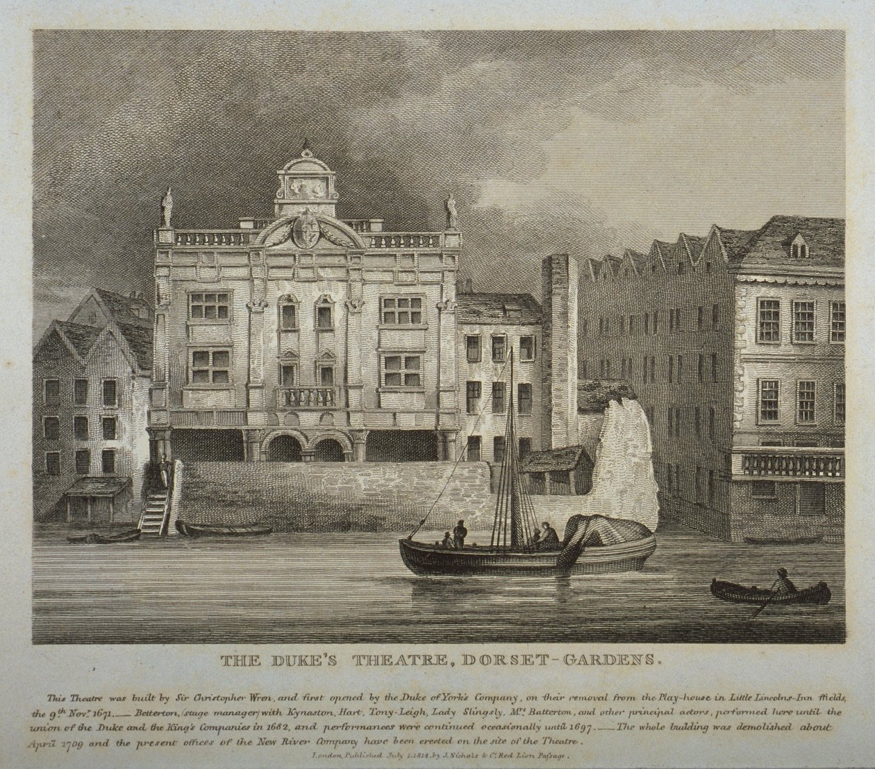 Uitzicht op het Dukes Theatre, Dorset Gardens, vanaf de rivier de Theems, 1814 door English School