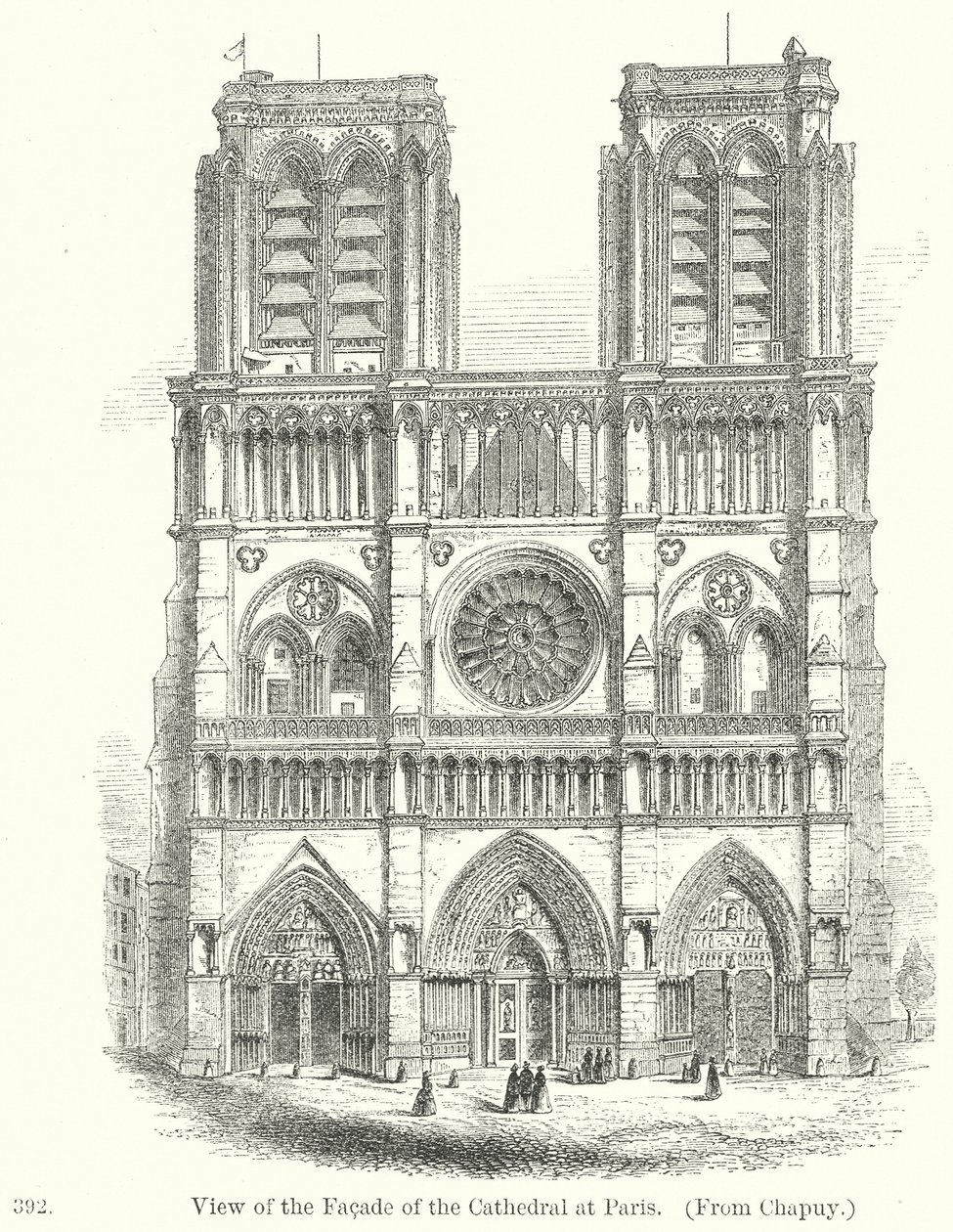 Gezicht op de voorgevel van de kathedraal van Parijs (gravure) door English School