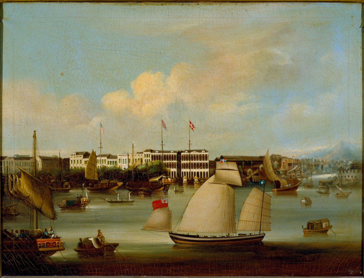 Gezicht op de buitenlandse fabrieken, Canton, vóór 1850 (olieverf op doek) door English School