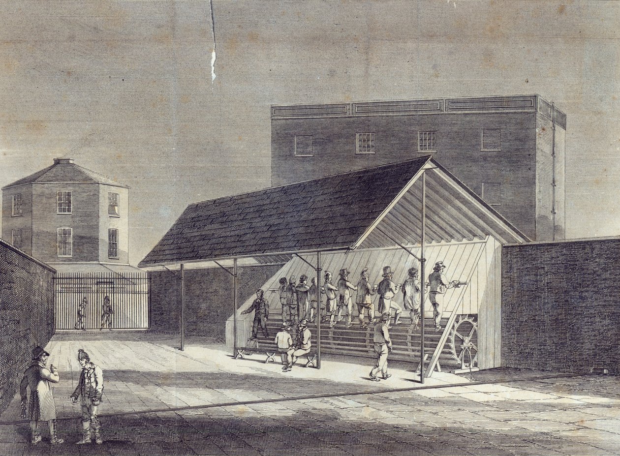 Uitzicht op de Loopband voor het Werk van Gevangenen, opgericht in het Huis van Correctie in Brixton, gepubliceerd door Gent. Mag., juli 1822 door English School