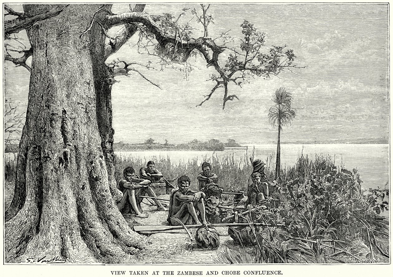 Gezicht bij de samenvloeiing van Zambese en Chobe (gravure) door English School