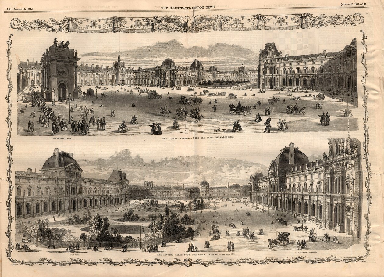 Uitzichten van de Cour Carrée du Louvre in Parijs. Gravure in 