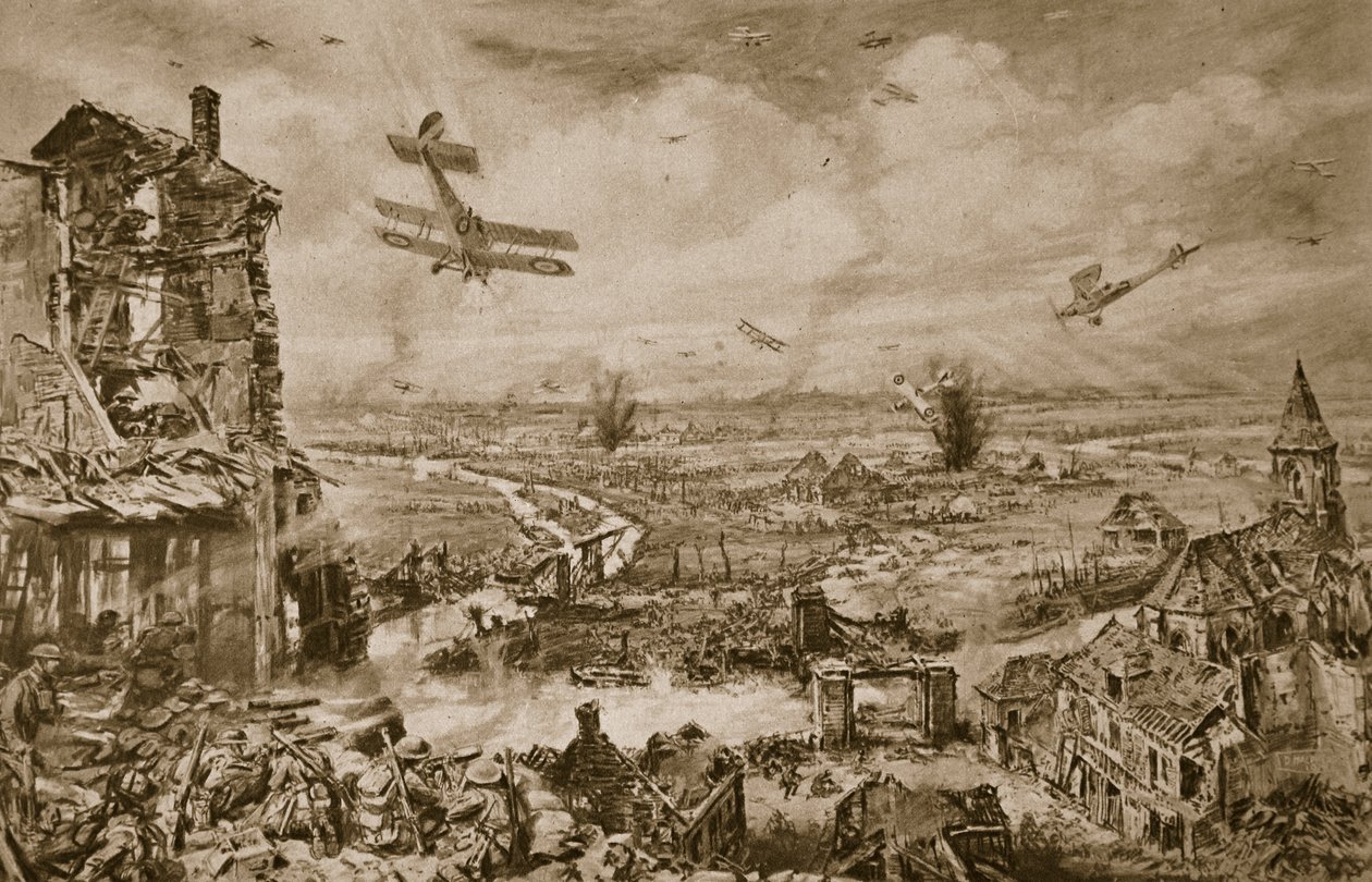 Levendige indruk van de geweldige strijd om Armentieres in april 1918, 1918-19 door English School