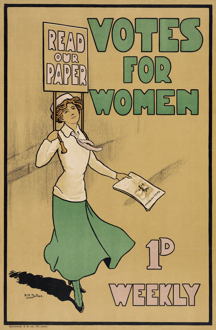 Stemmen voor vrouwen, uit The Suffragette, gepubliceerd in 1912 (kleurenlitho) door English School
