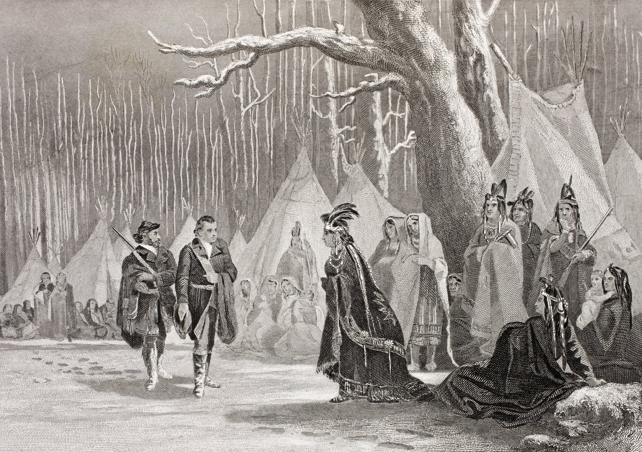 Washington en Gist bezoeken de Indiaanse koningin Alliquippa, uit 