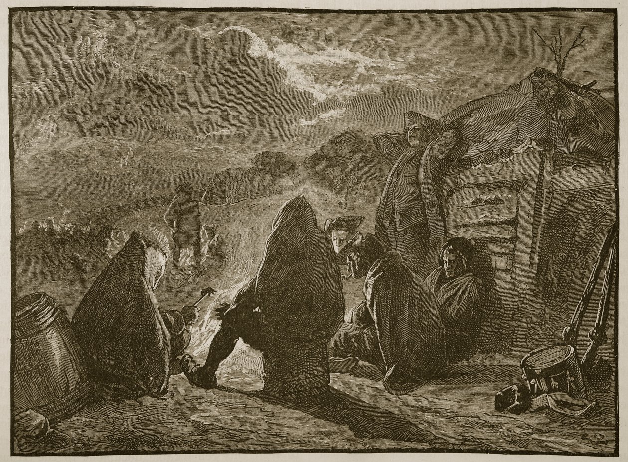 Washington bij het kampvuur in Valley Forge, illustratie uit Cassells Illustrated History of England door English School