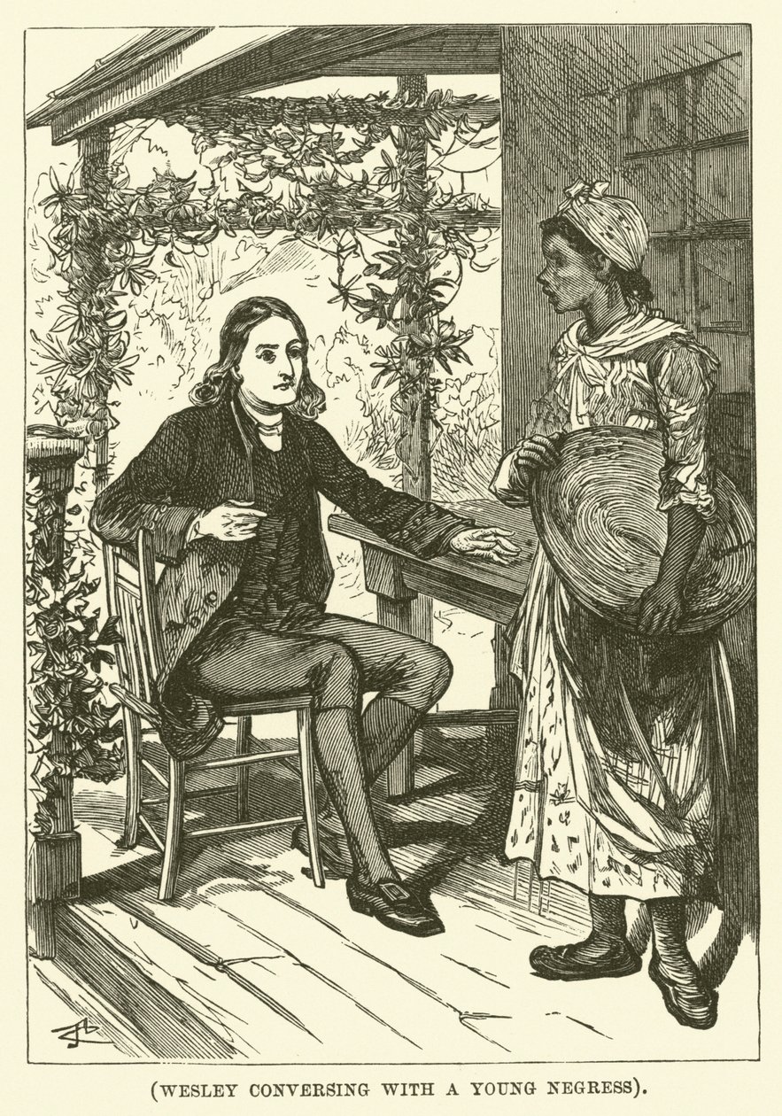 Wesley in gesprek met een jonge negerin (gravure) door English School