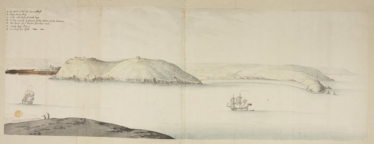 Westelijke ingang van Cork Harbour, van de Kidds, of Cow and Calf, naar Cross Beg Island; Westelijke ingang van Cork Harbour, met Halbowlin Island, Spike Island en Cross Haven door English School