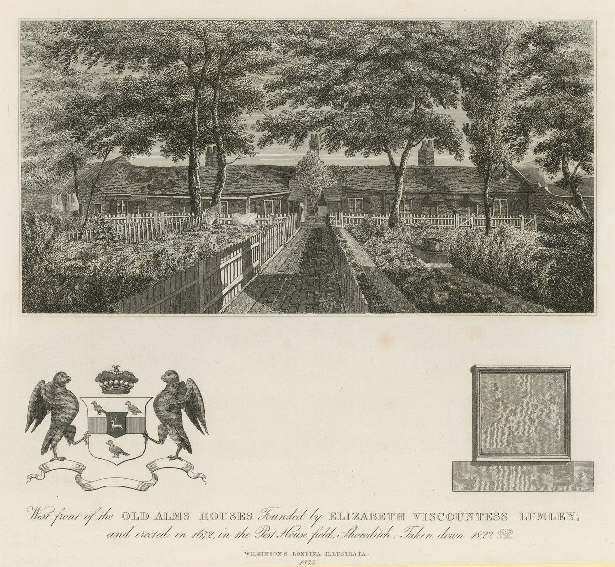 Westgevel van de oude armenhuizen gesticht door Elizabeth Burggravin Lumley (gravure) door English School