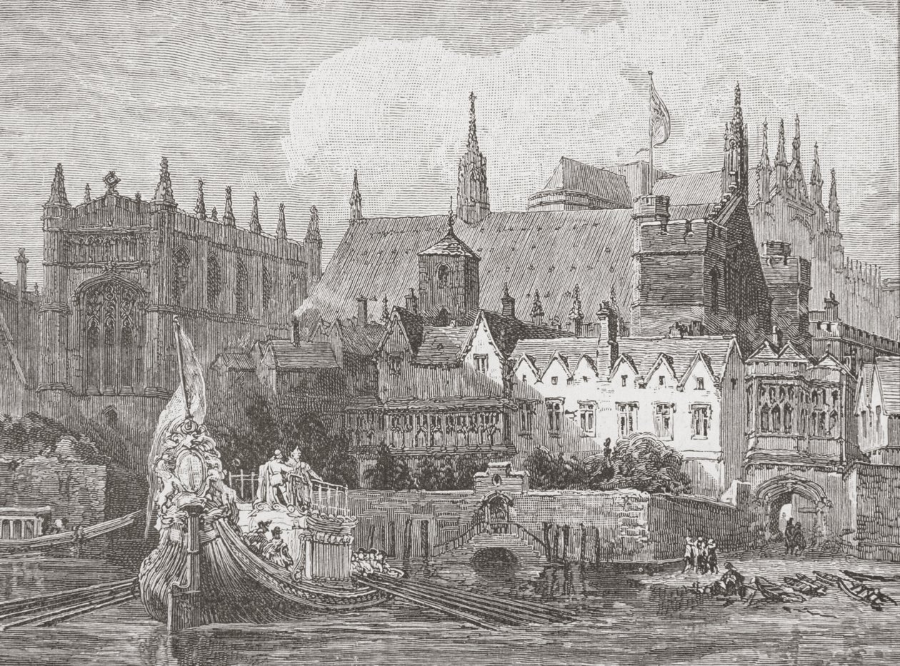 Westminster Hall gezien vanaf de Theems tijdens het bewind van Karel I door English School