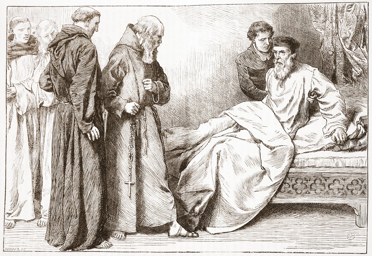 Wicliffe en de monniken: scène in de slaapkamer, illustratie uit The History of Protestantism door James Aitken Wylie (1808-1890), gepubliceerd 1878 door English School