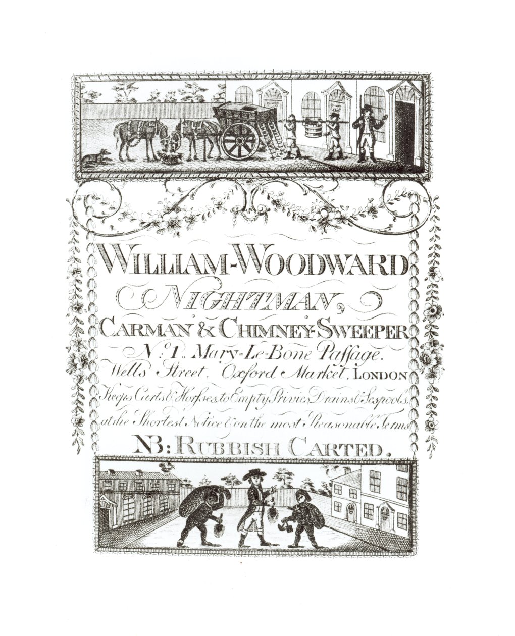 William Woodward, Nachtman, Carman en Schoorsteenveger, No. 1 Mary-Le-Bone Passage, Wells Street, Oxford Market, Londen door English School
