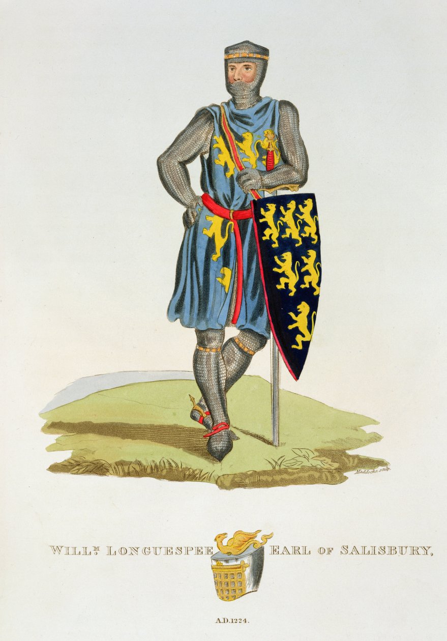 Willem de Longespée, 3e Graaf van Salisbury (gest.1226) 1224, gegraveerd door W. Maddocks, uit Oud Wapenrusting door Samuel Rush Meyrick, 1824 door English School