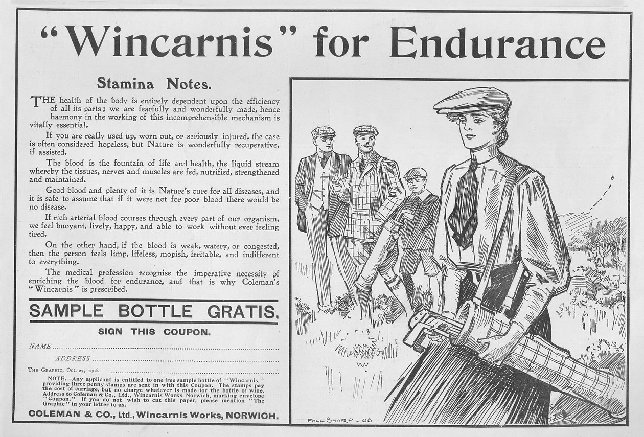 Wincarnis voor uithoudingsvermogen, advertentie uit The Graphic, 27 oktober 1906 door English School