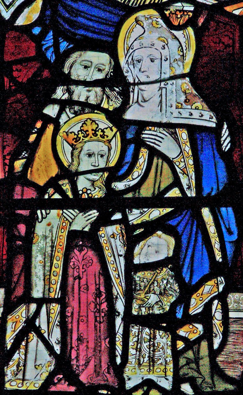 Raam Ew met St. Anna, Joachim, de Maagd Maria en het Christuskind door English School