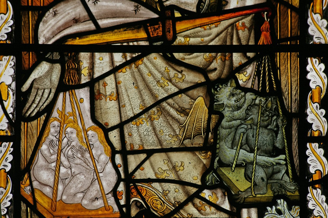 Raam Na met de weegschaal van St. Michael met een duivel en zielen in de weegschaal door English School
