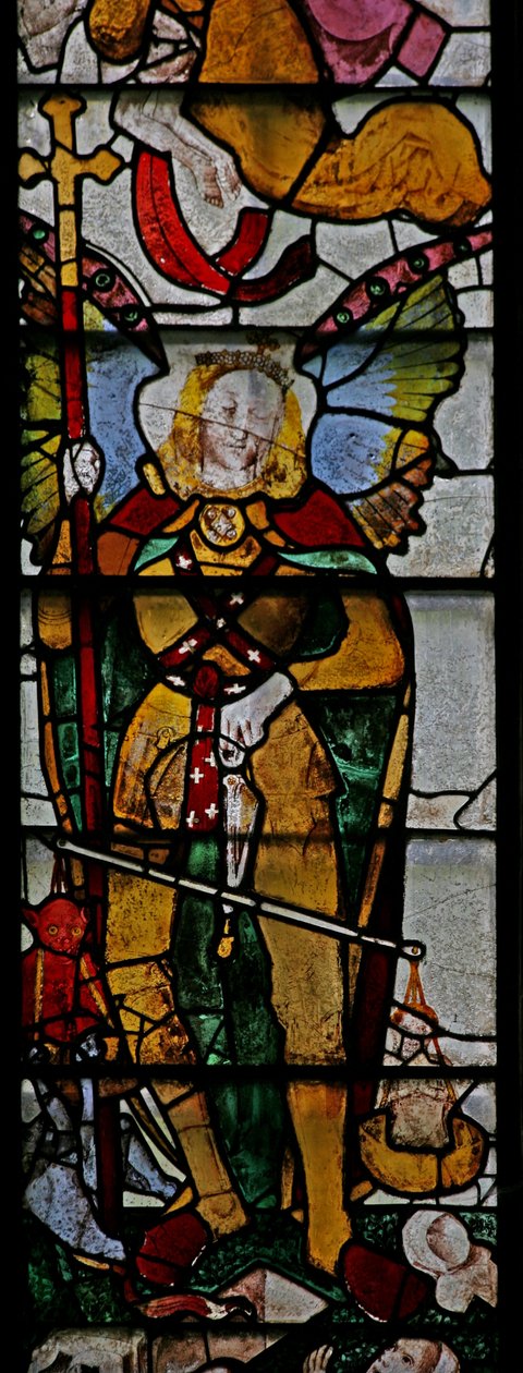 Raam Ww met een scène uit het Laatste Oordeel: Sint-Michiel en andere details door English School
