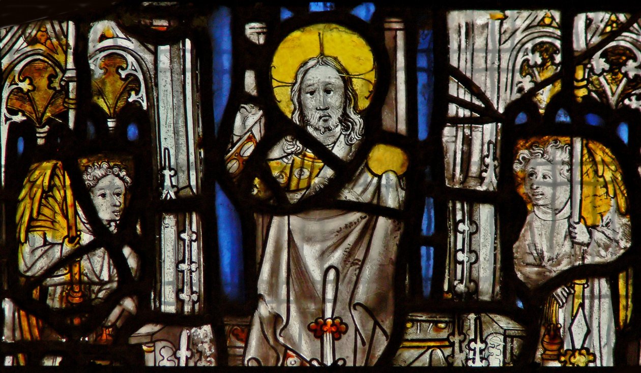 Raam met Christus en twee engelen door English School