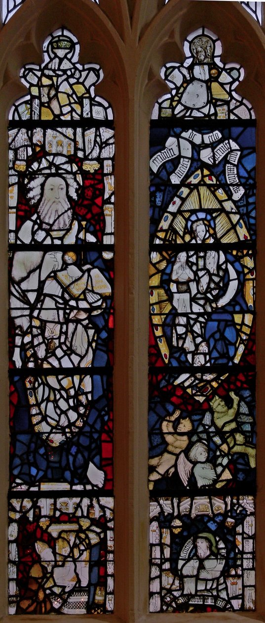 Raam met St. Johannes de Doper; Vrouw Bekleed met de Zon en met de maan onder haar voeten met het Kind in het Boek Openbaring door English School
