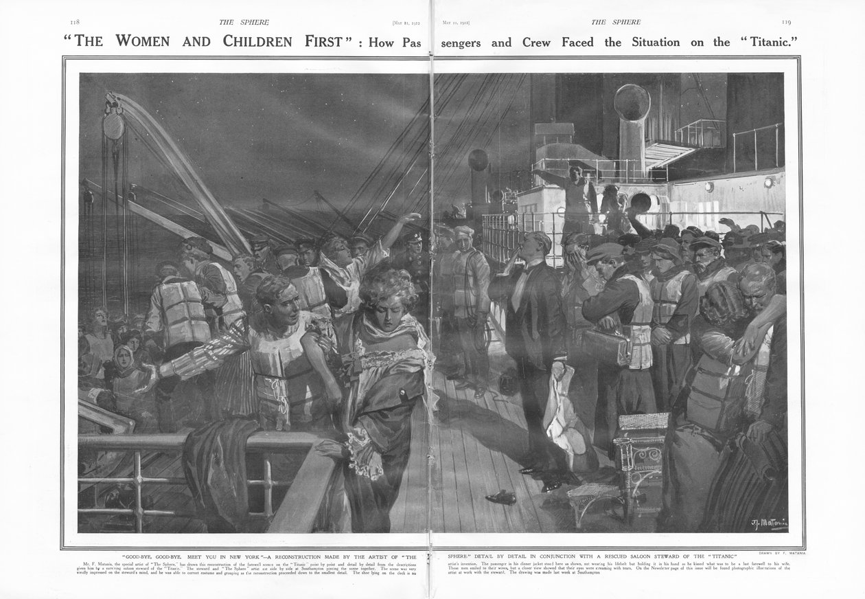 Vrouwen en kinderen eerst: hoe de passagiers en bemanning de situatie op de Titanic onder ogen zagen, uit The Sphere, 11 mei 1912 door English School
