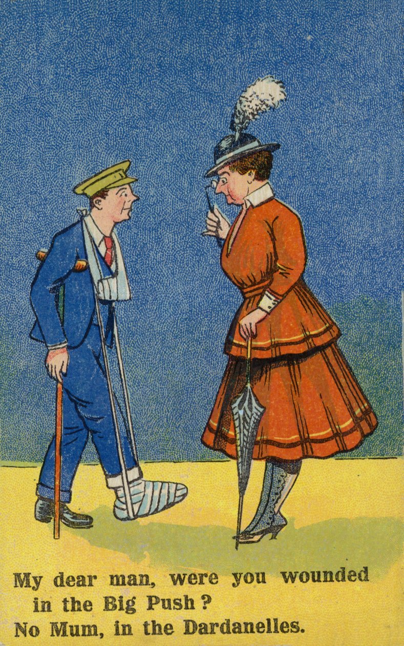 Vrouw verzorgt een gewonde soldaat (kleurenlitho) door English School