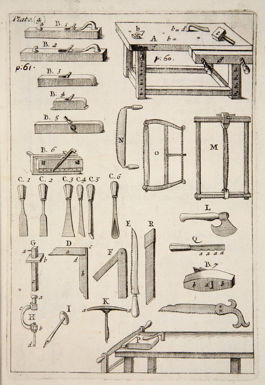 Houtbewerkingsgereedschap, pub. 1683 gravure door English School