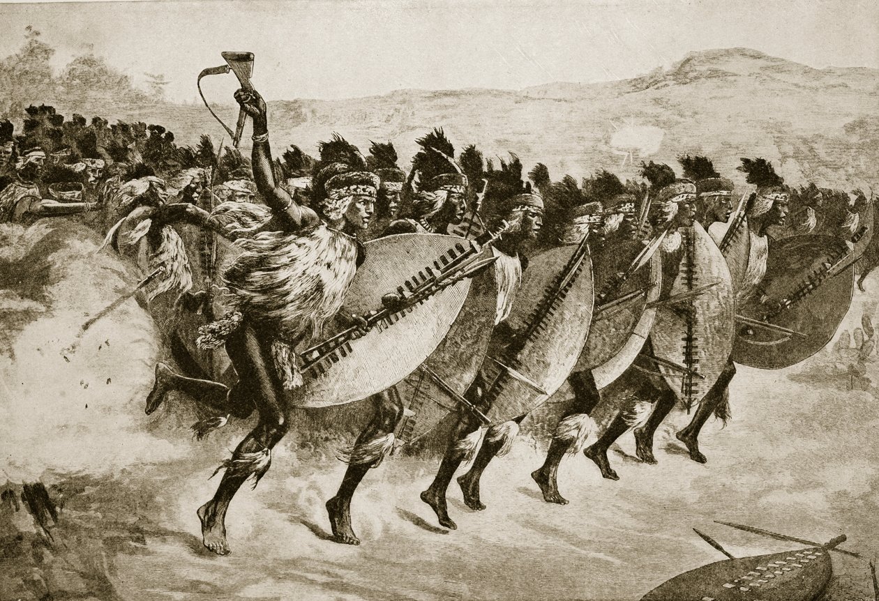 Zulus die oprukken om aan te vallen bij Kambula Hill, 29 maart 1879 door English School
