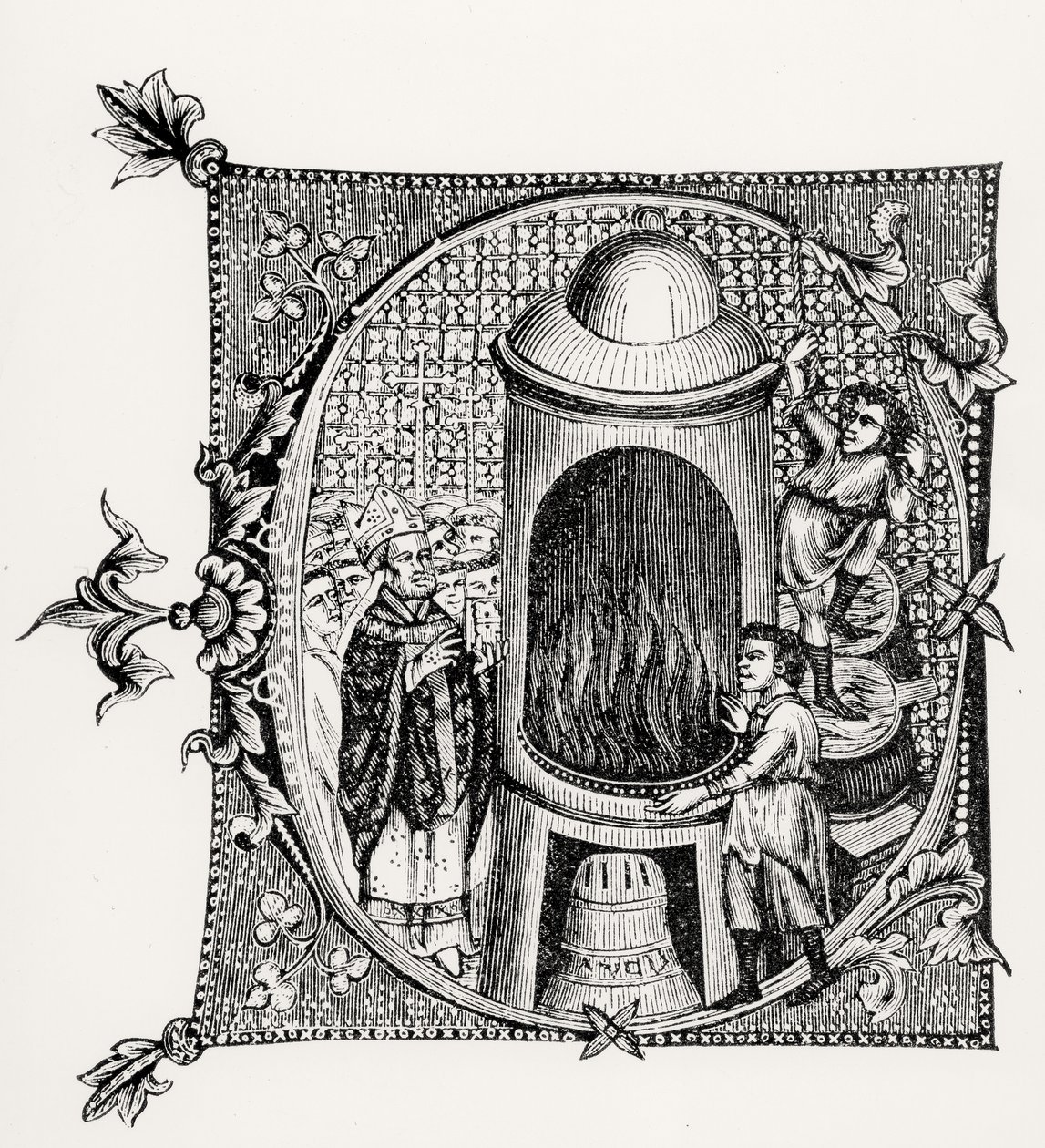 Geïllustreerde initiaal C uit Divinorum Officiorum door William Durand, illustratie uit Wetenschap en Literatuur in de Middeleeuwen en Renaissance, geschreven en gegraveerd door Paul Lacroix, 1878 door English School English School