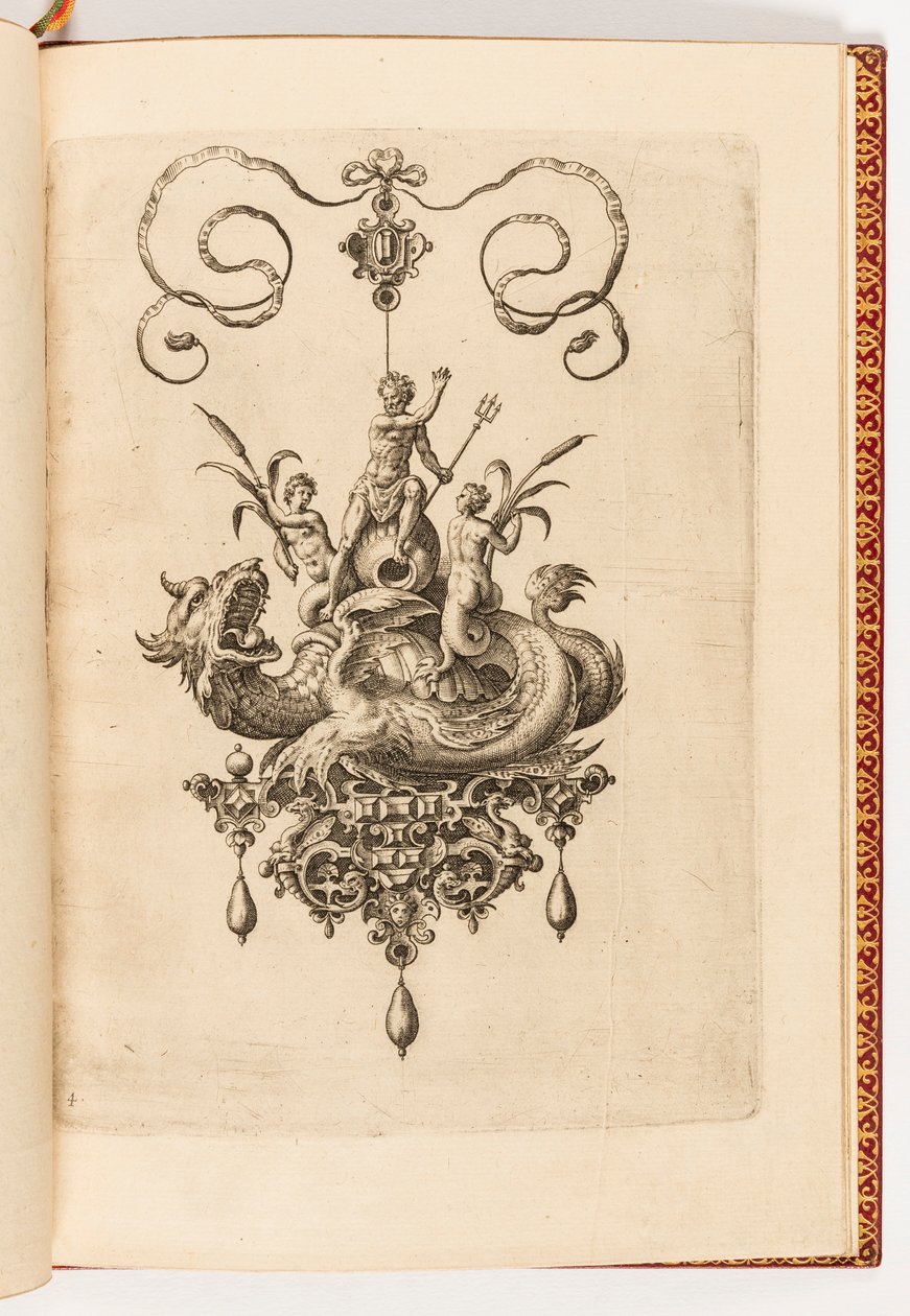 Prent, Plaat 4, uit Bullarum Inaurium etc. Archetypi Artificiosi Pars Altera (Hangers, Oorbellen, etc. Ontwerpen van de Meest Bekwame Aard, Deel Twee) door Engraved by Adriaen Collaert