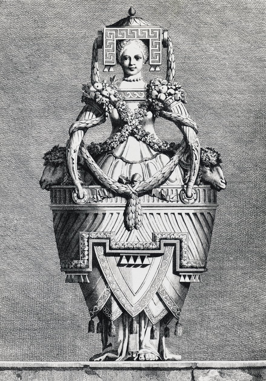 Antropomorfe vaas, Griekse bruid, gravure uit Mascarade la Grecque, Suite des Vases en Cheminees, Parma door Ennemond Alexandre (after) Petitot
