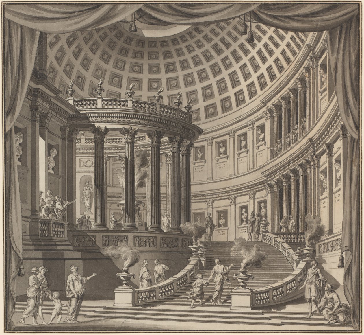 Ontwerp voor een Toneelgordijn: Het Interieur van een Uitgebreide Tempel Gewijd aan Illustere Mannen door Ennemond Alexandre Petitot