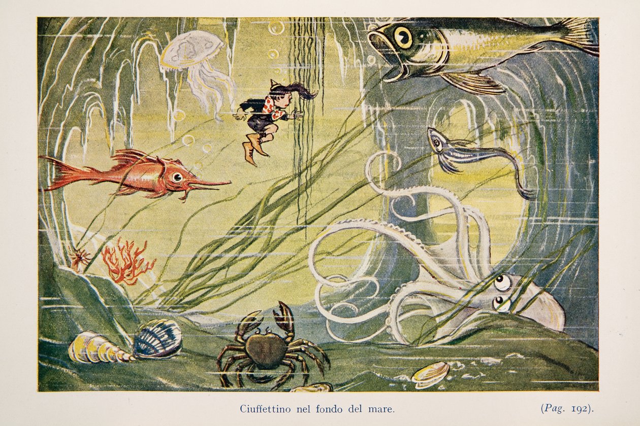 Ciuffettino op de zeebodem, illustratie uit Le Avventure di Ciuffettino door Enrico de Conti Novelli