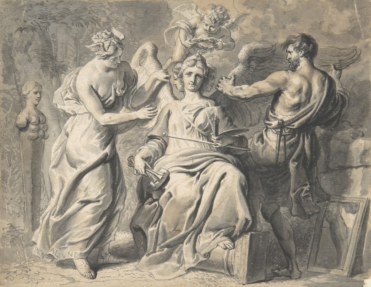 Een allegorie van de kunsten met Isis en geometrie die de driehoofdige figuur bijstaan, 17e eeuw door Erasmus Quellinus