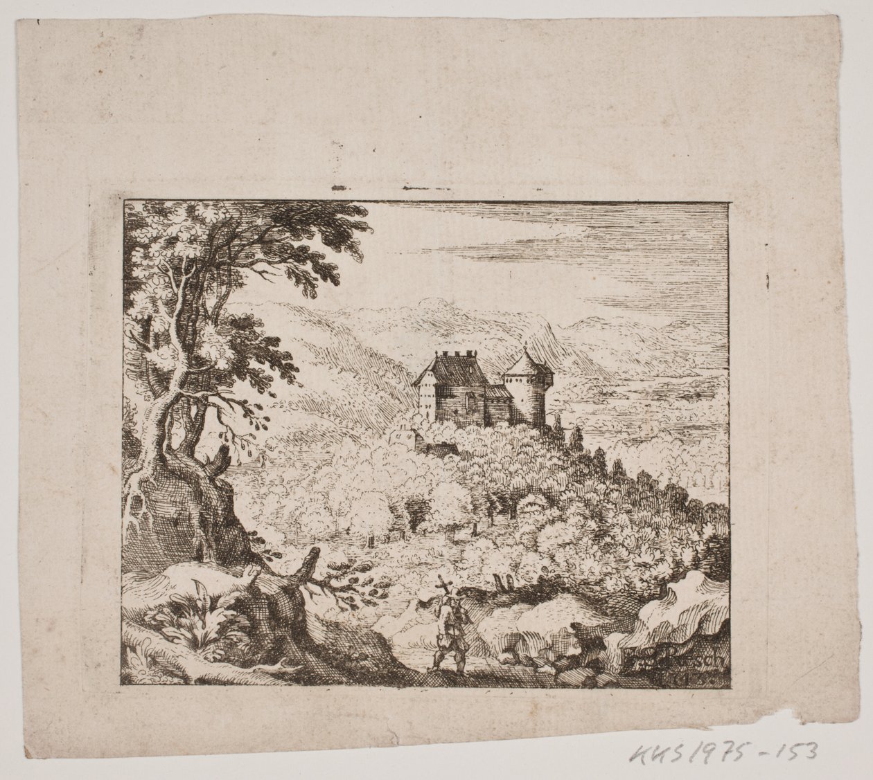 Bergachtig landschap met een kasteel en een wandelaar door Erasmus Sigismund Resch