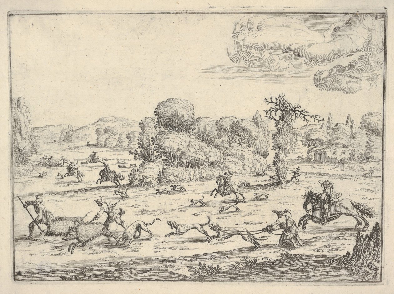 Everzwijnenjacht in een landschap, ca. 1620-38 door Ercole Bazicaluva