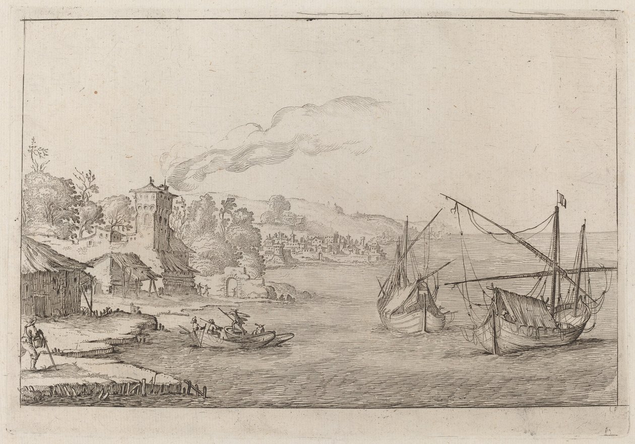 Kustlandschap met Geankerde Schepen door Ercole Bazicaluva