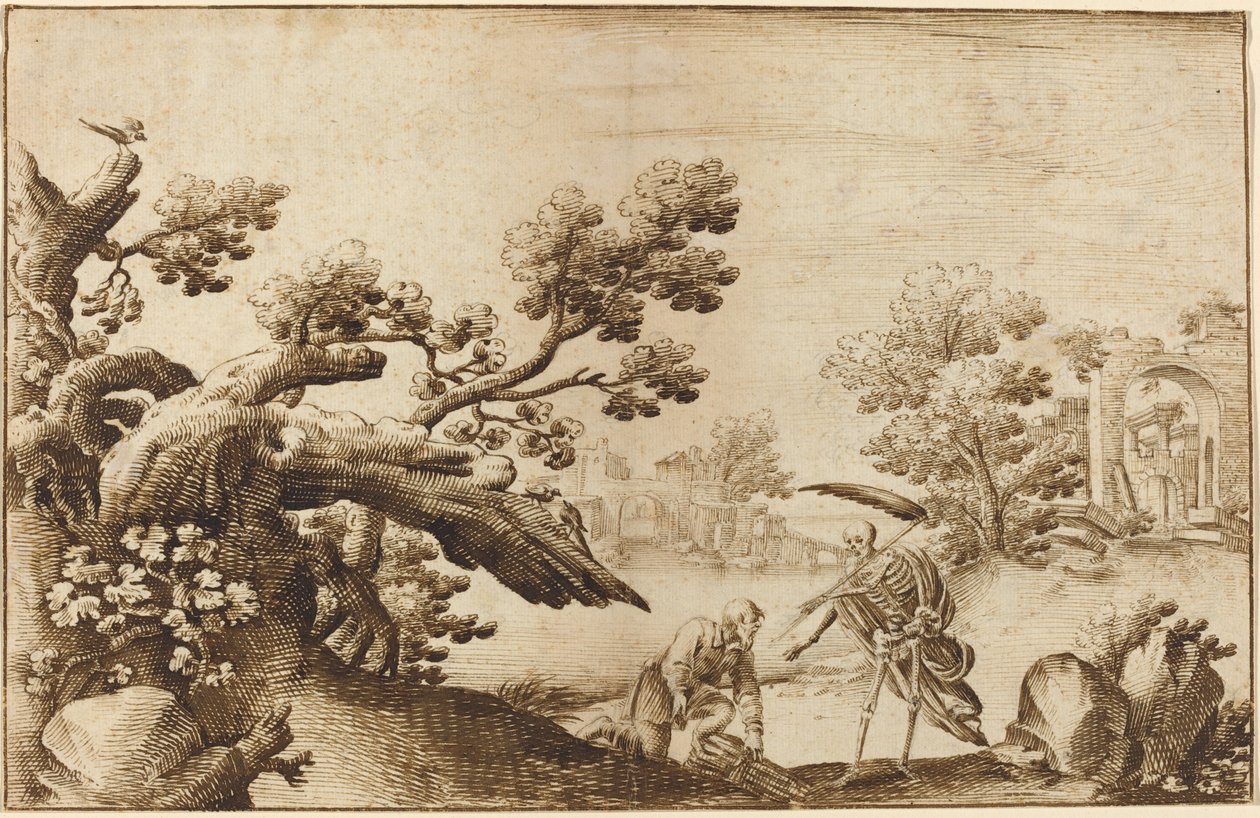 De Dood en de Houthakker in een Kustlandschap met Ruïnes door Ercole Bazicaluva