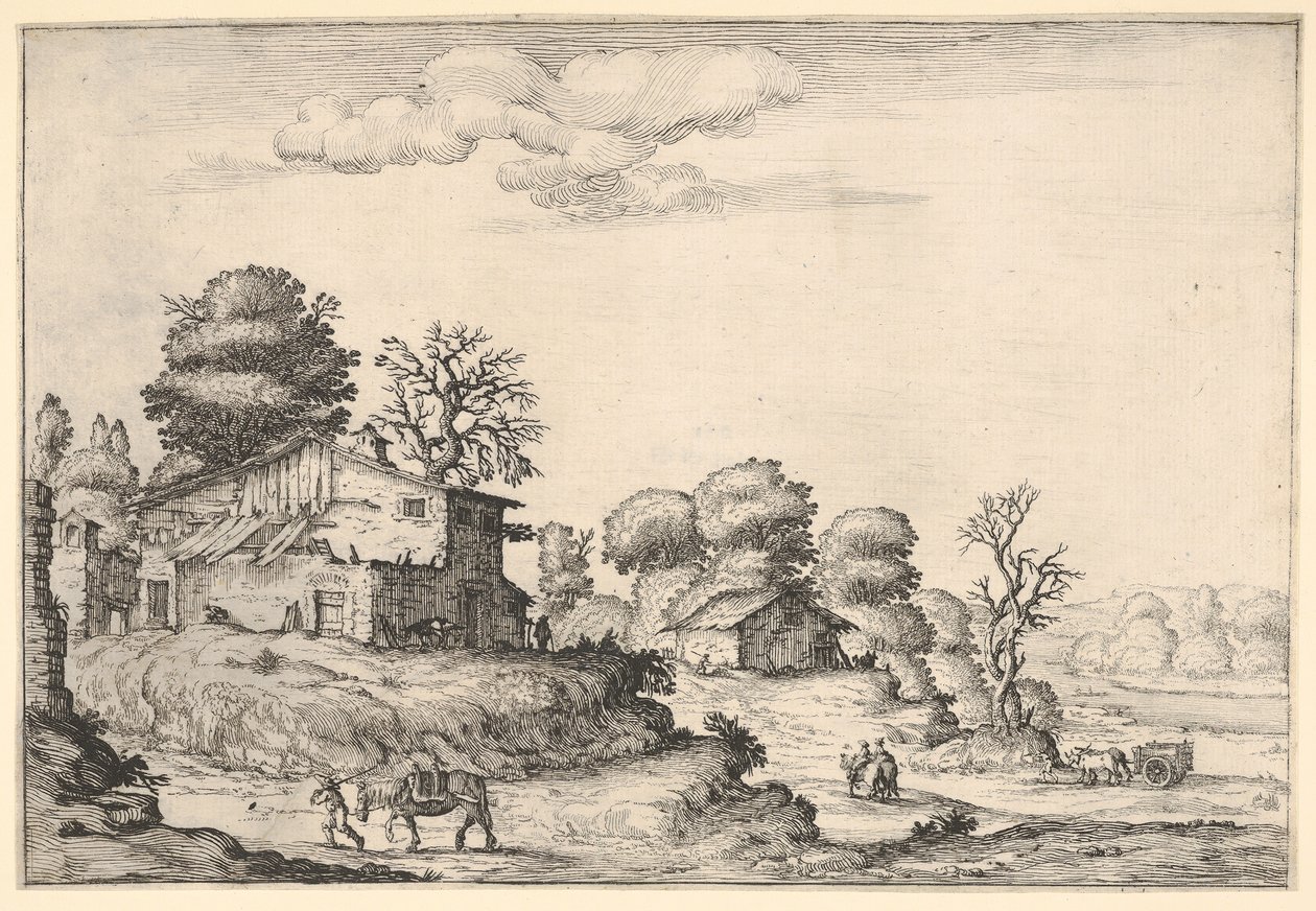 Landschap met boerderijen en een man die een paard leidt op de voorgrond door Ercole Bazicaluva
