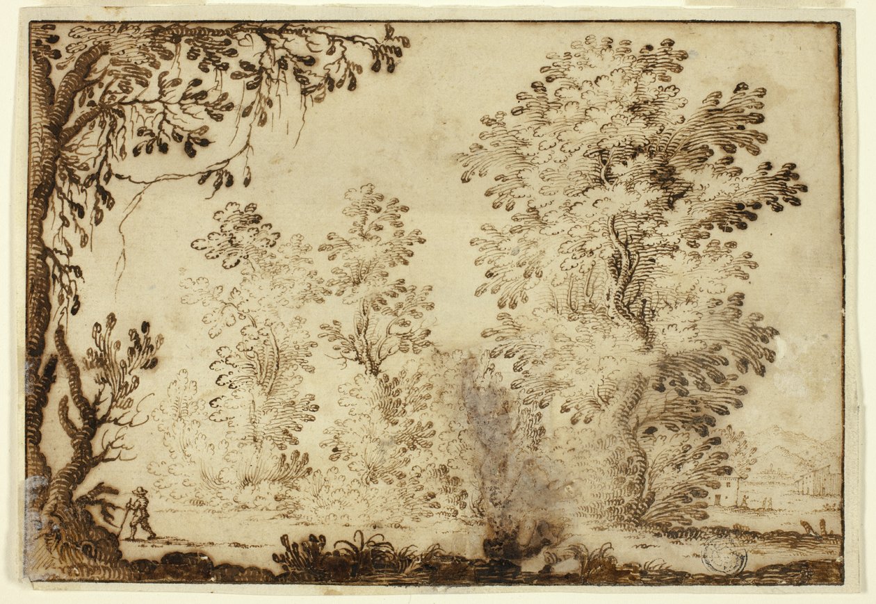 Boslandschap met reiziger op de voorgrond door Ercole Bazzicaluva