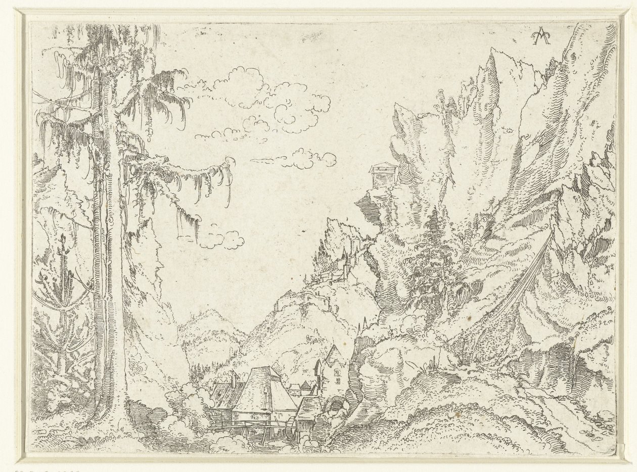 Landschap met een dorp in rotsachtige vallei door Erhard Altdorfer