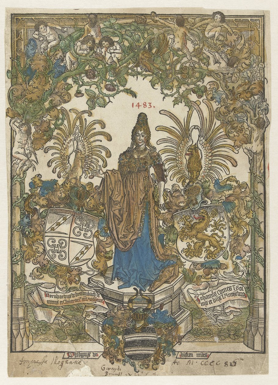 Frontispies met vrouw op voetstuk met wapens van Bernhard von Breydenbach en Johannes Comes in omlijsting door Erhard Reuwich