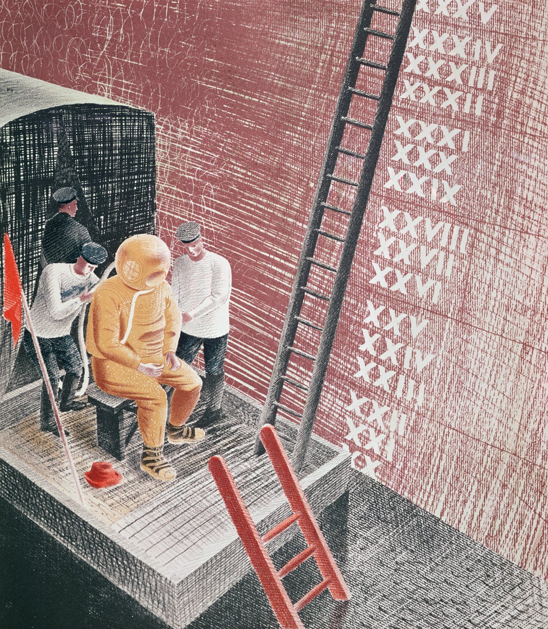 Duiker wordt voorbereid op afdaling door Eric Ravilious