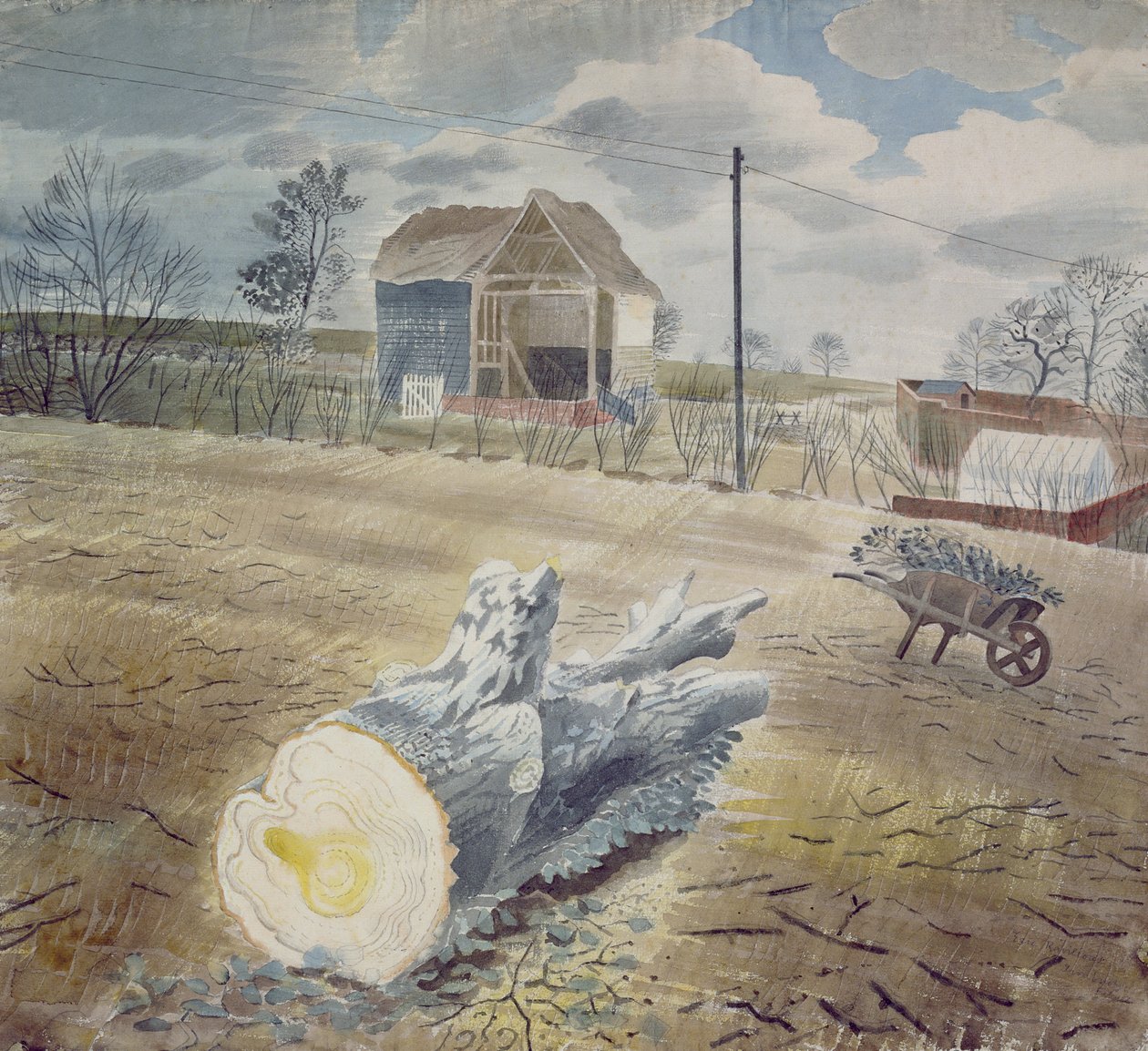 Boomstam en kruiwagen door Eric Ravilious