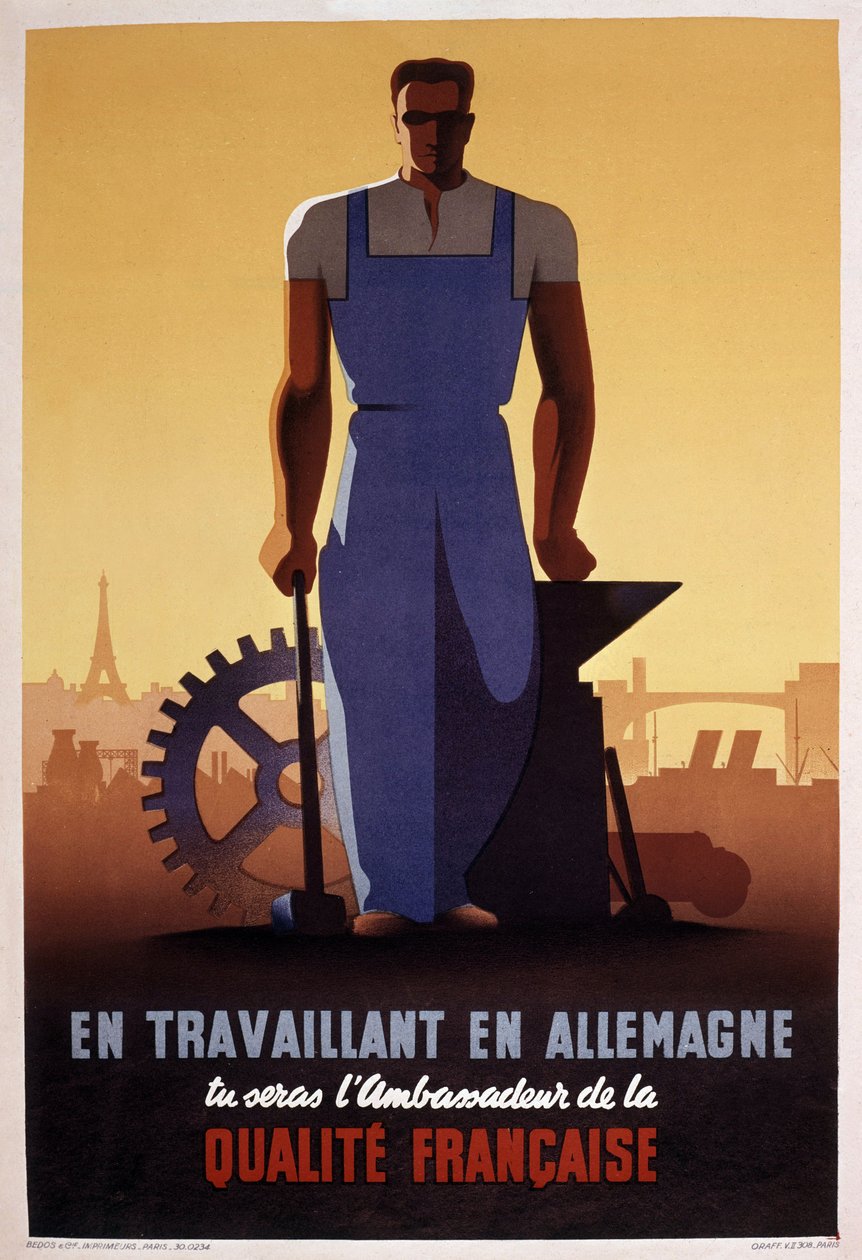 Franse propagandaposter voor STO (verplichte arbeidsorganisatie opgericht in 1943 tijdens de Duitse bezetting van Frankrijk) door Eric Castel