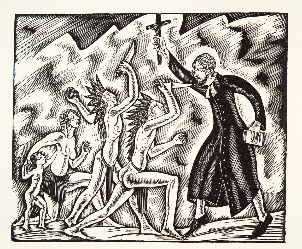 De aanval, uit The Travels and Sufferings of Father Jean de Brebeuf door Eric Gill